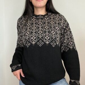 Meister Crewneck Sweater Women Medium Black Fair Isle Wool Knit Long Sleeve 90s